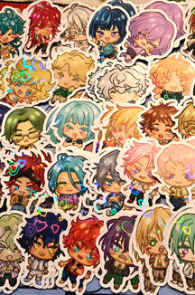 full cast of enstars characters in a sticker form with heart foil