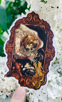 dungeon meshi farcille sticker of falin and marcille from dungeon meshi in a painting frame